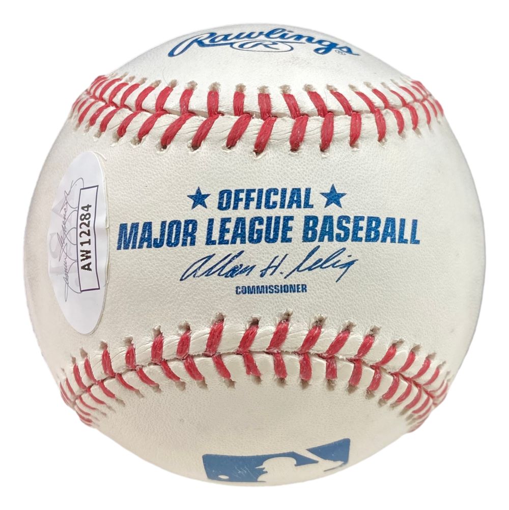 A Jason Heyward Los Angeles Dodgers signed Rawlings Official MLB baseball by Sports Integrity, featuring red stitching, MLB labeling, a commissioner's signature, and a JSA authentication sticker on the left side.