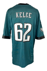 The Sports Integrity Jason Kelce Signed Philadelphia Eagles Nike Game Replica Jersey features Kelce’s name, number 62, and his signature on the number, authenticated by a PSA ITP hologram.