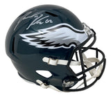 The Sports Integrity Jason Kelce Signed Philadelphia Eagles FS Speed Replica Helmet features a white and silver eagle wing logo, clear face shield, white chin strap, and is autographed in silver with PSA ITP hologram authentication.