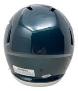 A Jason Kelce Signed Philadelphia Eagles FS Speed Replica Helmet by Sports Integrity is shown from the back, displaying ventilation slots, a visible warning label near the bottom, and a PSA ITP hologram certification sticker.