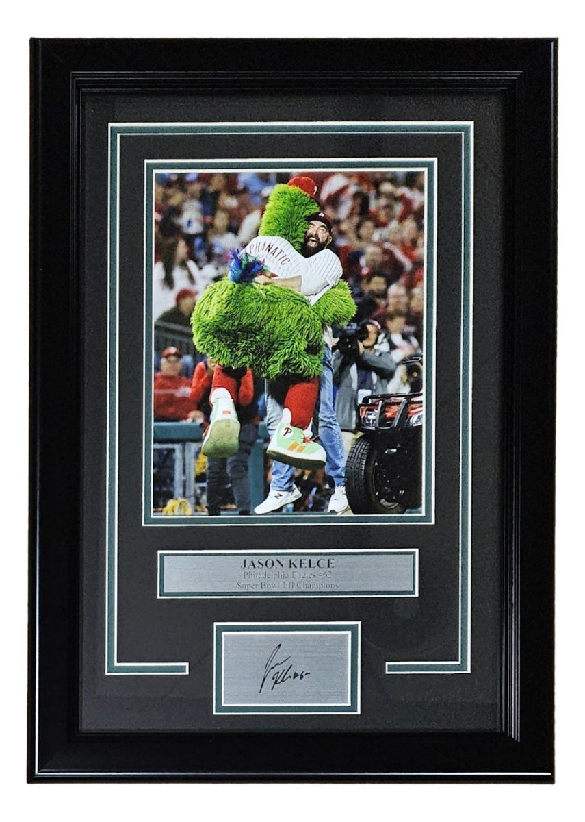 Jason Kelce Framed 8x10 Phanatic Hug Photo w/ Laser Engraved Signature - Sports Integrity