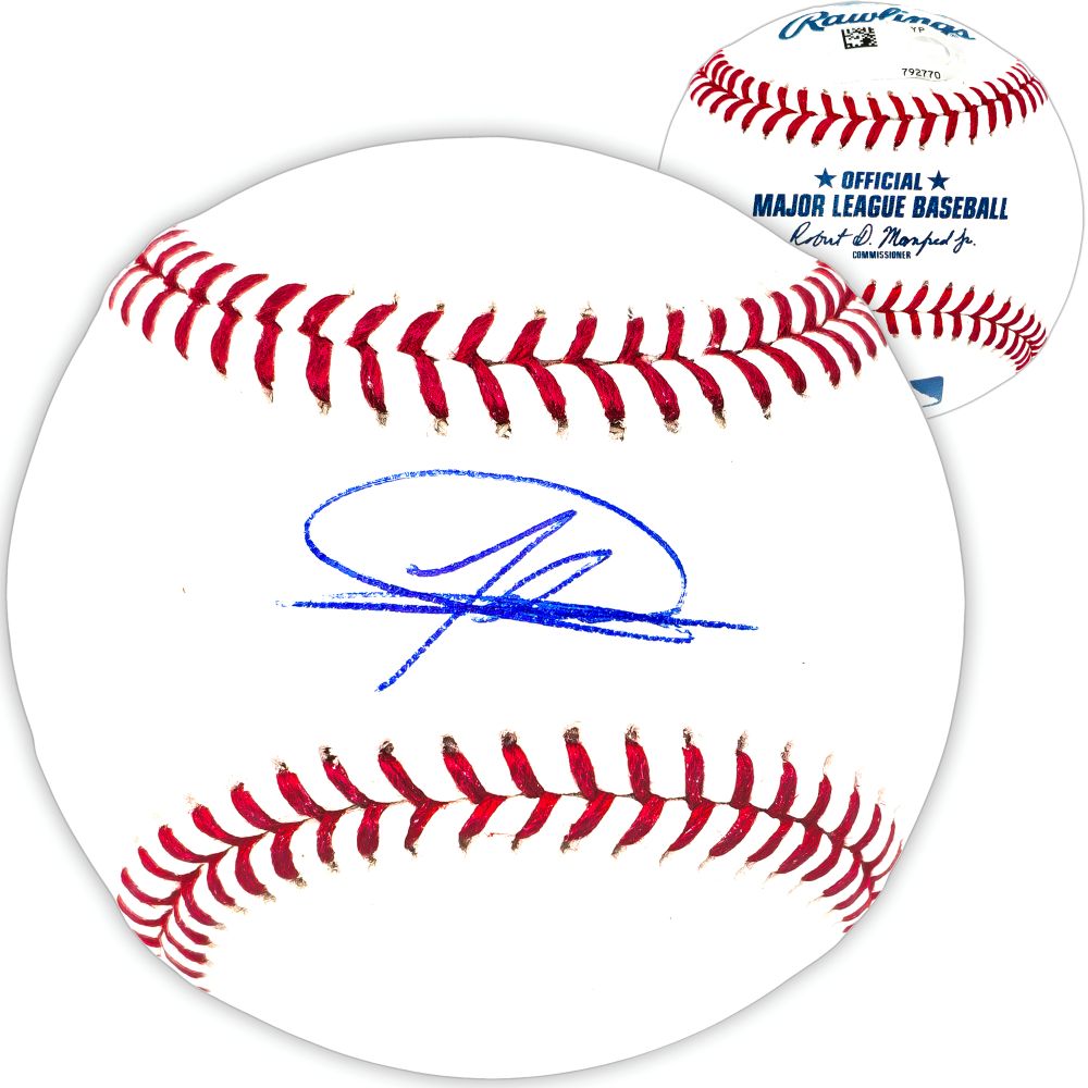 A Jasson Dominguez New York Yankees Signed Official MLB Baseball by Sports Integrity features a blue autograph on its white surface with red stitching. Another view shows the official MLB logo and commissioner’s signature.