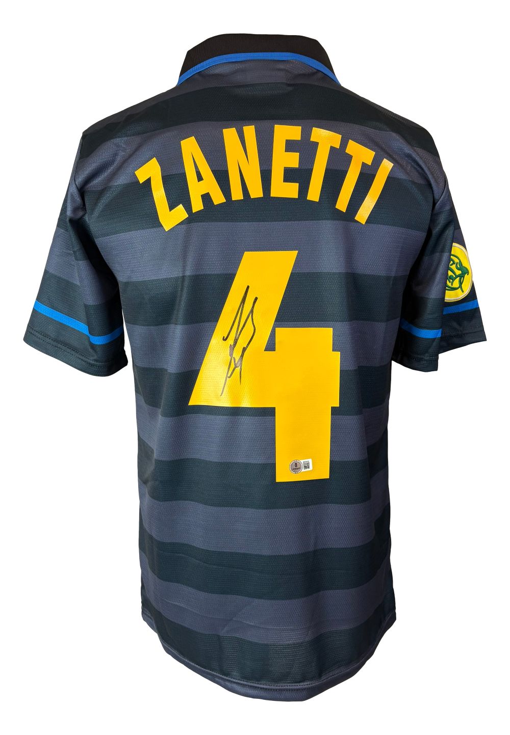 The Sports Integrity Javier Zanetti Signed Inter Milan Blue Umbro Soccer Jersey features Zanetti's name and number 4 on the back with an authentic signature, authenticated by BAS.