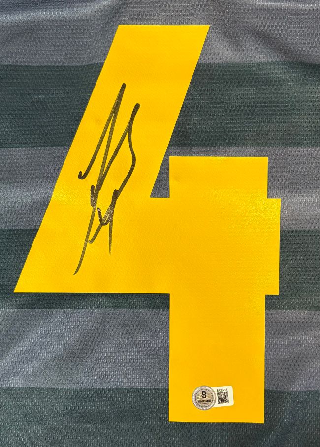 A Javier Zanetti signed Inter Milan blue Umbro soccer jersey by Sports Integrity features an autographed number 4 on a gray-striped background with a BAS authentication sticker and QR code on the lower right.