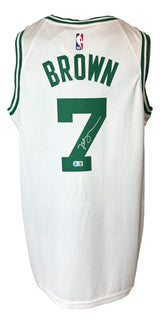 The Sports Integrity Jaylen Brown Signed Boston Celtics White Nike Swingman Jersey features green trim, BROWN and number 7 on the back, an autograph on the number, and an NBA logo at the top.