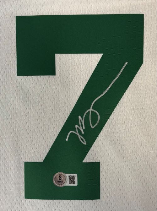 A large green number 7 with Jaylen Brown's autograph and a BAS authentication sticker is featured on this Boston Celtics white Nike Swingman Jersey from Sports Integrity.