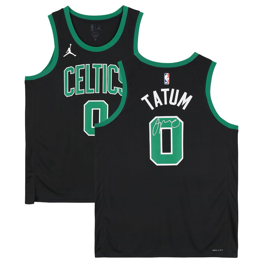 The Jayson Tatum Signed Boston Celtics 2022/23 Black Nike Statement Swingman Jersey by Sports Integrity features green trim, number 0 on both sides, CELTICS in front, and TATUM with a signature above the number on the back.