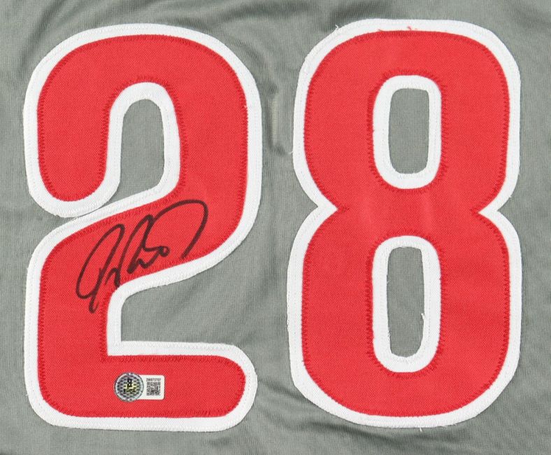 Jayson Werth Philadelphia Signed Gray Baseball Jersey by Sports Integrity features red and white number 28 on gray, black marker autograph on the "2," and a small authenticity sticker below.