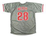 The Sports Integrity Jayson Werth Philadelphia Signed Gray Baseball Jersey features red trim and "WERTH" with #28 in red and white on the back, personally autographed in black ink. The jersey is shown laid flat, back side facing up.
