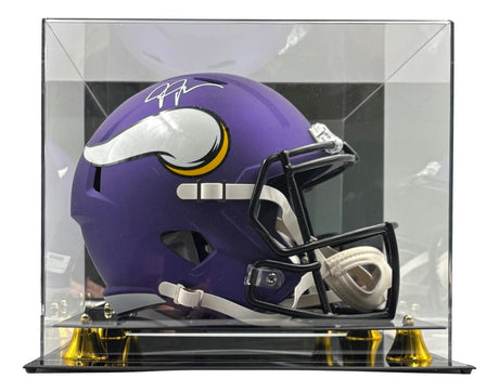 The Sports Integrity Justin Jefferson Signed Minnesota Vikings FS Replica Speed Helmet (BAS) features the white and yellow horn logo and comes displayed in a clear case with black and gold accents.