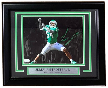 Sports Integrity’s framed 8x10 Super Bowl 59 Eagles spotlight photo features Jeremiah Trotter Jr., #54, in action. Includes his autograph and JSA certification.