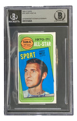 The Sports Integrity Jerry West Signed 1970-71 Topps #107 Los Angeles Lakers Trading Card is graded and encased by Beckett, featuring an aftermarket autograph and "SPORT" in bold yellow letters on the front.