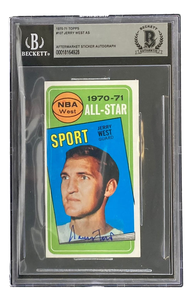 The Sports Integrity Jerry West Signed 1970-71 Topps #107 Los Angeles Lakers Trading Card is graded and encased by Beckett, featuring an aftermarket autograph and "SPORT" in bold yellow letters on the front.