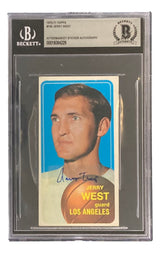 A Sports Integrity Jerry West Signed 1970-71 Topps #160 Los Angeles Lakers Trading Card BAS, featuring his portrait, signature across the front, “JERRY WEST guard LOS ANGELES” text, and Beckett authentication with barcode at the top.