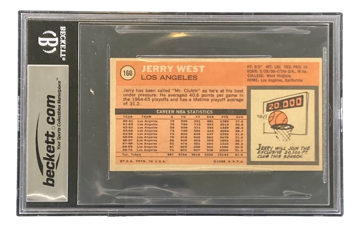 The Sports Integrity Jerry West Signed 1970-71 Topps #160 Lakers Trading Card BAS is encased for protection and features his career stats, a basketball cartoon, and a scoreboard graphic with the number 20,000.