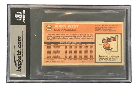 The Sports Integrity Jerry West Signed 1970-71 Topps #160 Lakers Trading Card BAS is encased for protection and features his career stats, a basketball cartoon, and a scoreboard graphic with the number 20,000.