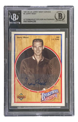 Sports Integrity Jerry West Signed 1991-92 UD Jerry West Heroes #2 Lakers Trading Card, featuring his portrait, blue autograph, and Beckett authentication label.