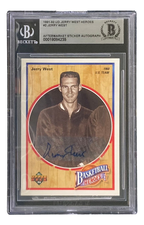 Sports Integrity Jerry West Signed 1991-92 UD Jerry West Heroes #2 Lakers Trading Card, featuring his portrait, blue autograph, and Beckett authentication label.