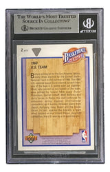 A Jerry West Signed 1991-92 UD Jerry West Heroes #2 Lakers Trading Card by Sports Integrity is encapsulated in a slab with Beckett grading details at the top and features info about Jerry West on the back.