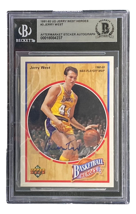 The Sports Integrity Jerry West Signed 1991-92 UD Jerry West Heroes #3 Lakers Trading Card BAS features an authenticated autograph and shows West in a Lakers uniform dribbling a basketball.