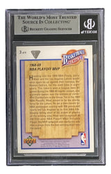The Jerry West Signed 1991-92 UD Jerry West Heroes #3 Lakers Trading Card by Sports Integrity is encased in a Beckett holder, featuring highlights of the 1968-69 NBA Playoff MVP and achievements on the card.