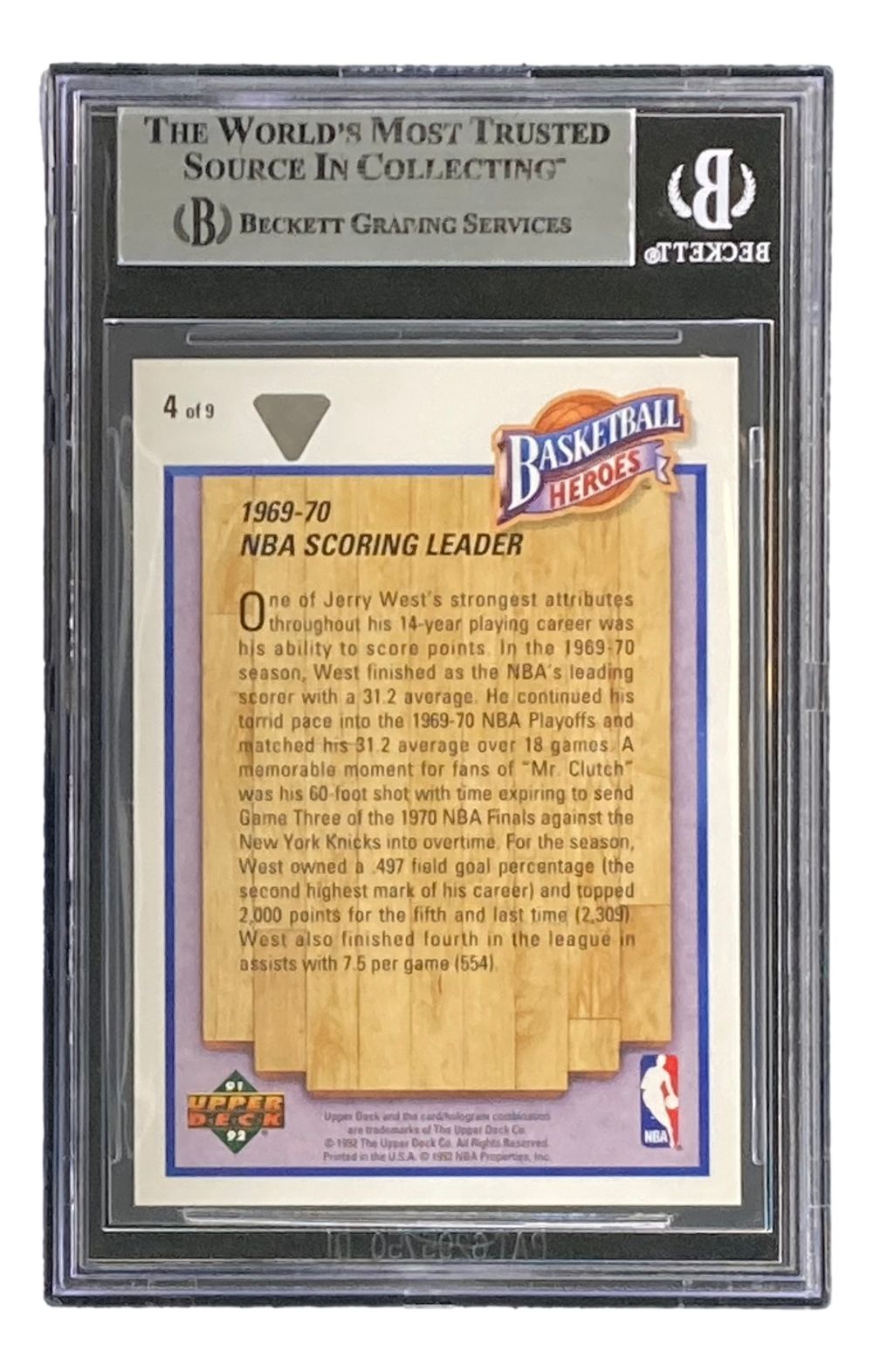 A Jerry West Signed 1991-92 UD Jerry West Heroes #4 Lakers Trading Card from Sports Integrity is encased and authenticated by BAS, showcasing the Lakers legend with details of his achievements on the back.