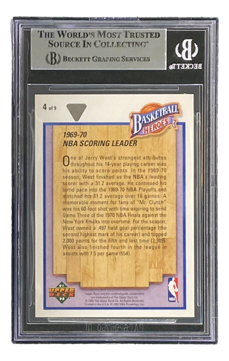 A Jerry West Signed 1991-92 UD Jerry West Heroes #4 Lakers Trading Card from Sports Integrity is encased and authenticated by BAS, showcasing the Lakers legend with details of his achievements on the back.