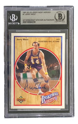 A Jerry West Signed 1991-92 UD Jerry West Heroes #7 Lakers Trading Card by Sports Integrity, graded and encased with Beckett authentication details, features West in a Lakers uniform, signed across the front.