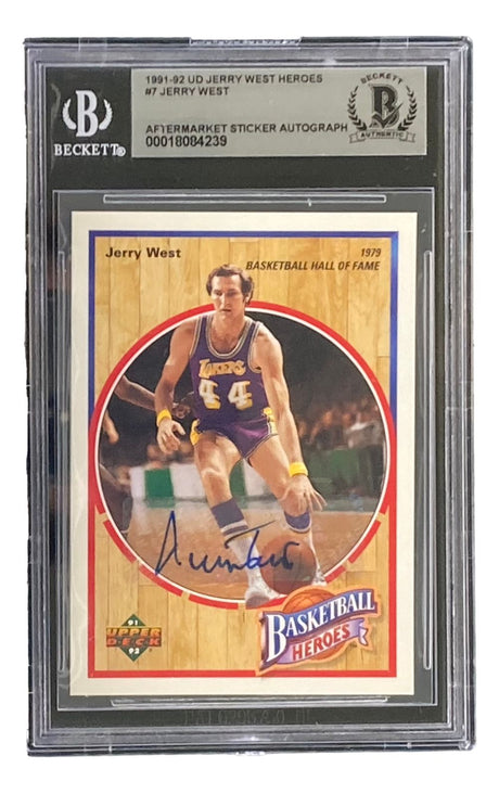 A Jerry West Signed 1991-92 UD Jerry West Heroes #7 Lakers Trading Card by Sports Integrity, graded and encased with Beckett authentication details, features West in a Lakers uniform, signed across the front.