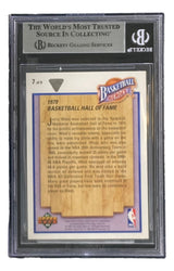 A Jerry West Signed 1991-92 UD Jerry West Heroes #7 Lakers Trading Card by Sports Integrity is Beckett-graded in a plastic case, featuring Hall of Fame details about Jerry West's career on the back and the Beckett logo at the top.