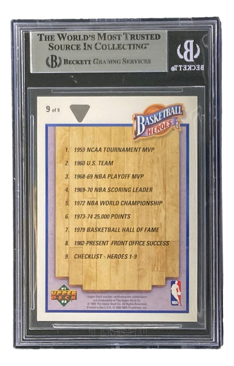 The Jerry West Signed 1991-92 UD Heroes #9 Lakers Trading Card by Sports Integrity is a graded, plastic-encased card featuring a Basketball Heroes checklist and listing Jerry West’s top achievements.