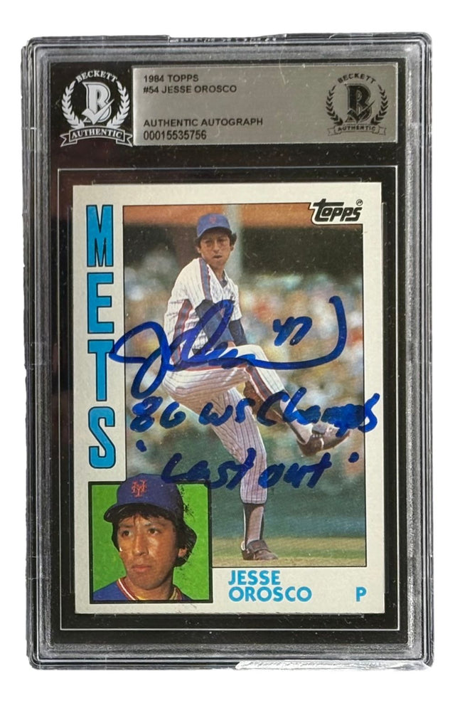 The Jesse Orosco Signed 1984 Topps #54 New York Mets Trading Card by Sports Integrity (BAS) features Orosco’s autograph in blue ink with "86 WS Champs" and "Last out" inscriptions.