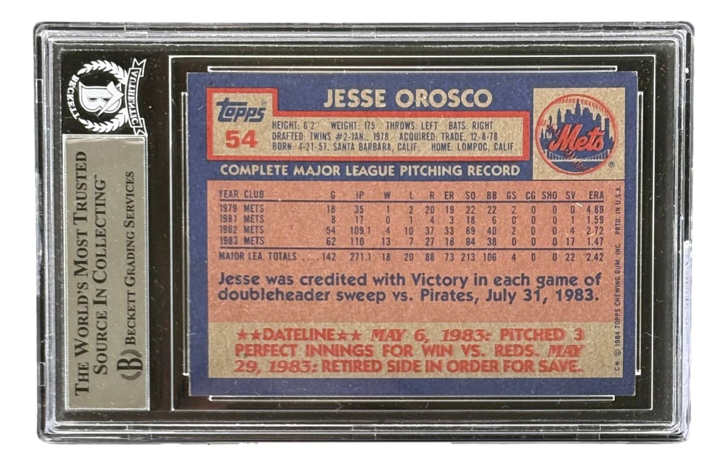 Jesse Orosco Signed 1984 Topps #54 New York Mets Trading Card BAS