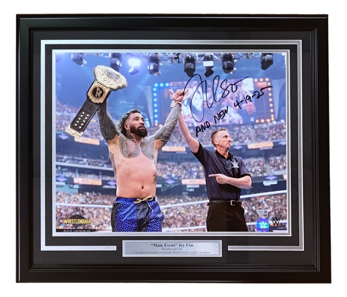 Celebrate victory with this Sports Integrity Jey Uso Signed Framed 16x20 WWE Wrestlemania 41 Photo, featuring "And New 4-19-25" inscription and Jey Uso raising his arm in triumph before a packed stadium.