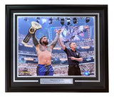 Celebrate victory with this Sports Integrity Jey Uso Signed Framed 16x20 WWE Wrestlemania 41 Photo, featuring "And New 4-19-25" inscription and Jey Uso raising his arm in triumph before a packed stadium.