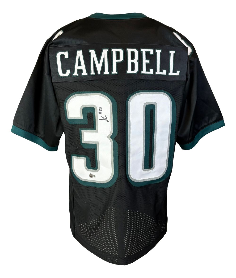 The Sports Integrity Jihaad Campbell Philadelphia Signed Black Football Jersey BAS features teal and white trim, CAMPBELL and number 30 on the back, with the number 30 signed in black marker.
