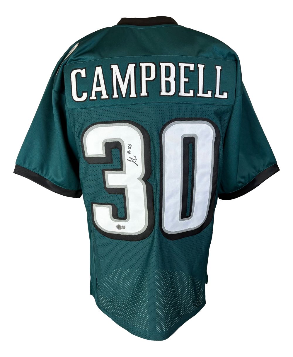 The Sports Integrity Jihaad Campbell Philadelphia Signed Green Football Jersey BAS features black trim, "Campbell" and #30 in white on the back, and a visible autograph on the number.