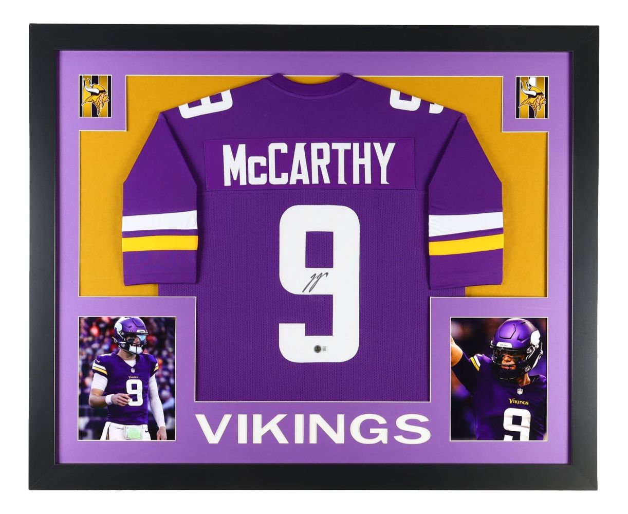 JJ McCarthy Minnesota Signed Framed Purple Football Jersey BAS
