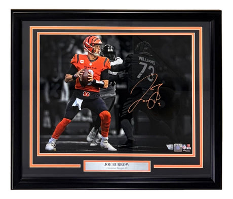 Sports Integrity Joe Burrow Signed Framed 16x20 Cincinnati Bengals Orange Jersey Photo—a collectible featuring Burrow preparing to throw, with a bold autograph and nameplate. Fanatics authenticated.