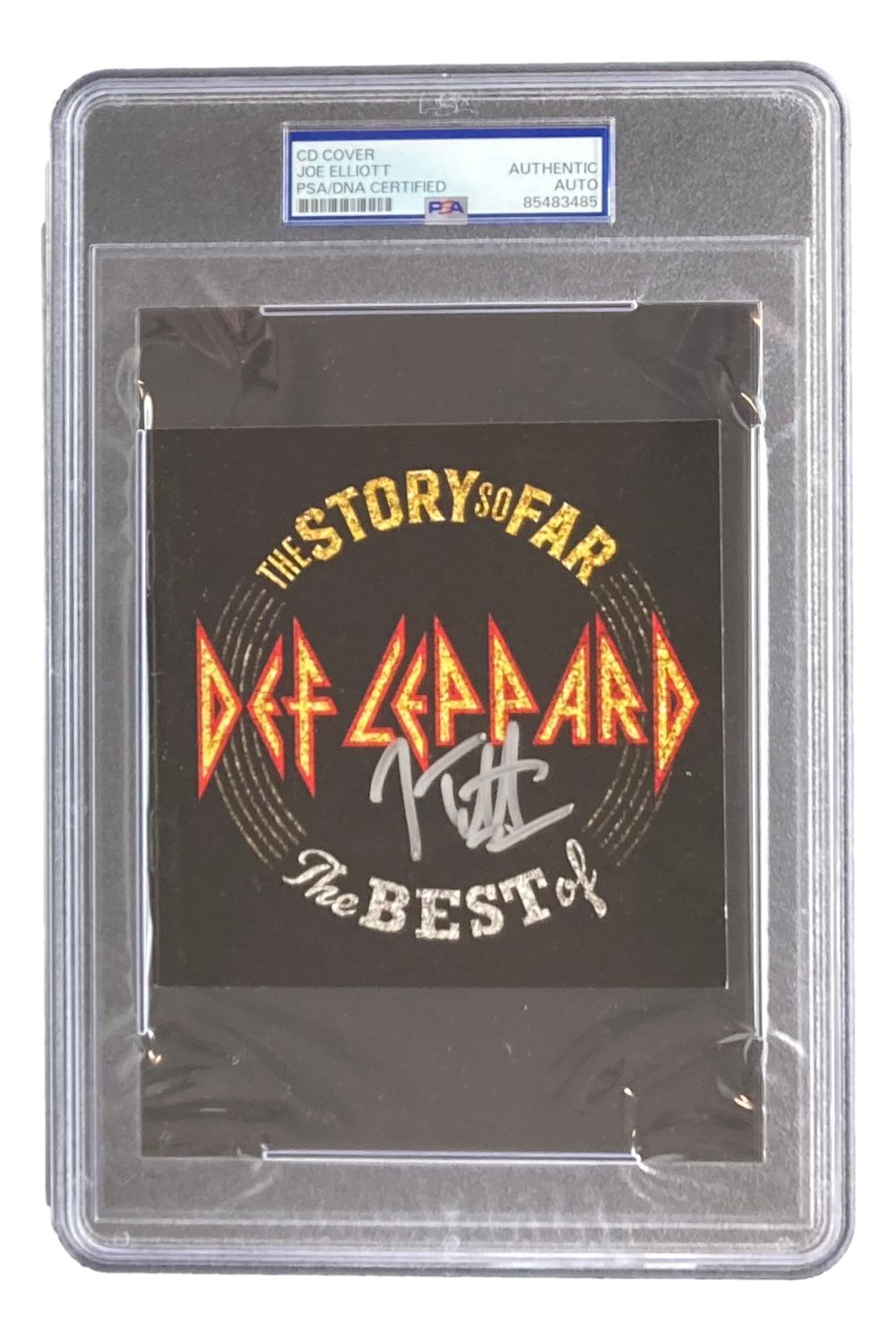 The Sports Integrity Joe Elliott Signed Slabbed Def Leppard The Story So Far CD Booklet is sealed in a PSA holder with an authenticity label at the top.