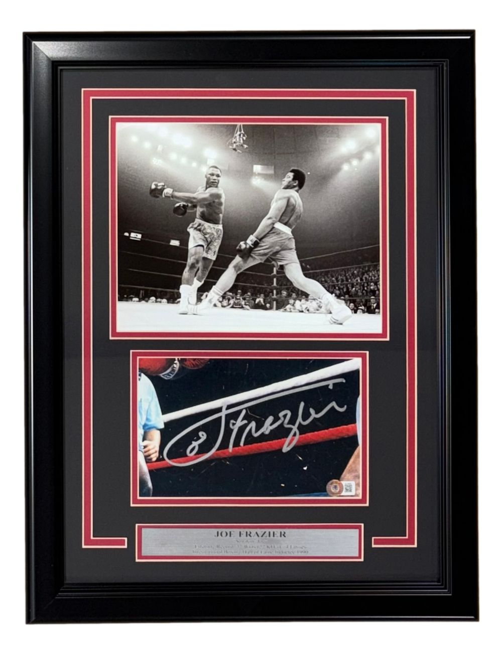 Sports Integrity's framed display features a Joe Frazier signed cut signature, an 8x10 photo of Frazier vs Muhammad Ali, and a nameplate—all authenticated by BAS.