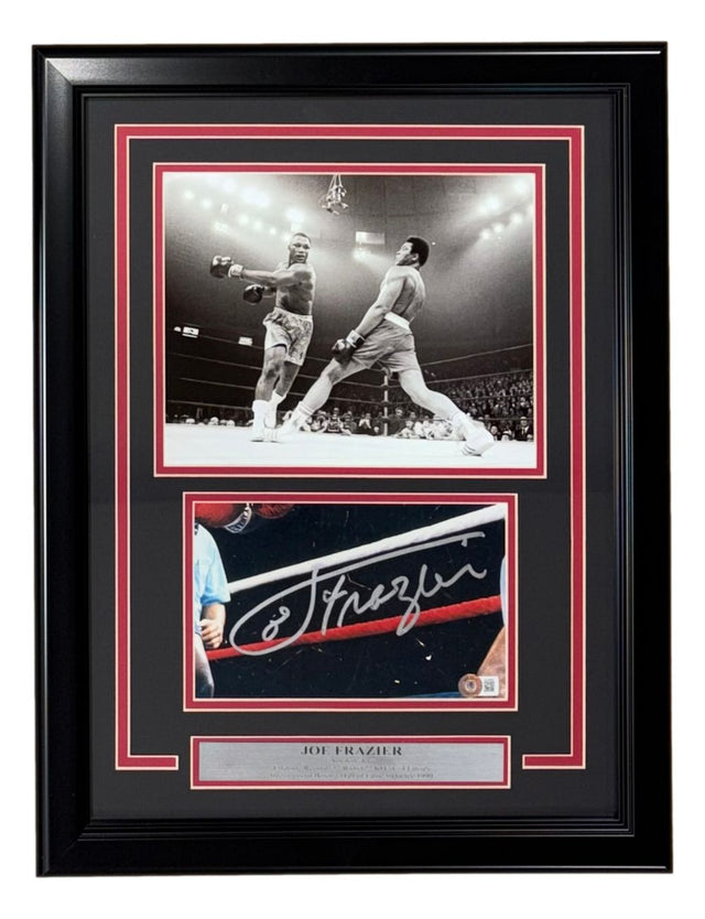 Sports Integrity's framed display features a Joe Frazier signed cut signature, an 8x10 photo of Frazier vs Muhammad Ali, and a nameplate—all authenticated by BAS.