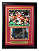 Sports Integrity's Joe Montana Signed Framed Cut Signature features an 8x10 San Francisco 49ers photo and BAS authentication, perfect for fans and collectors.