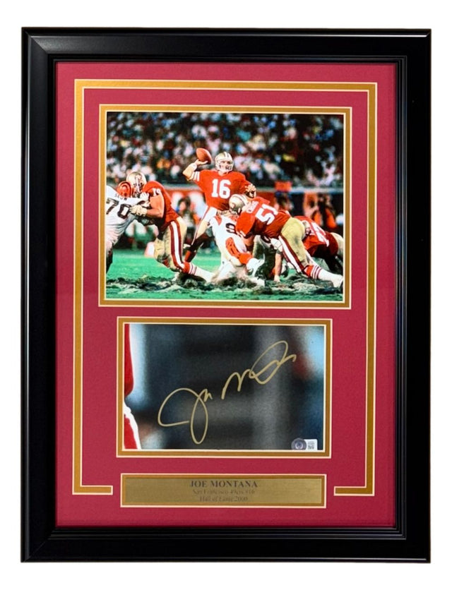 Sports Integrity's Joe Montana Signed Framed Cut Signature features an 8x10 San Francisco 49ers photo and BAS authentication, perfect for fans and collectors.