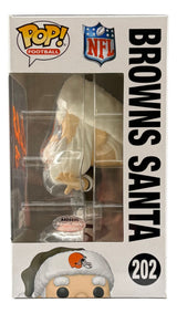 A Joe Thomas Signed Cleveland Browns Santa Funko Pop #202 by Sports Integrity, featuring the NFL and Browns logos on the box. The figure wears a Santa hat with a Browns logo.