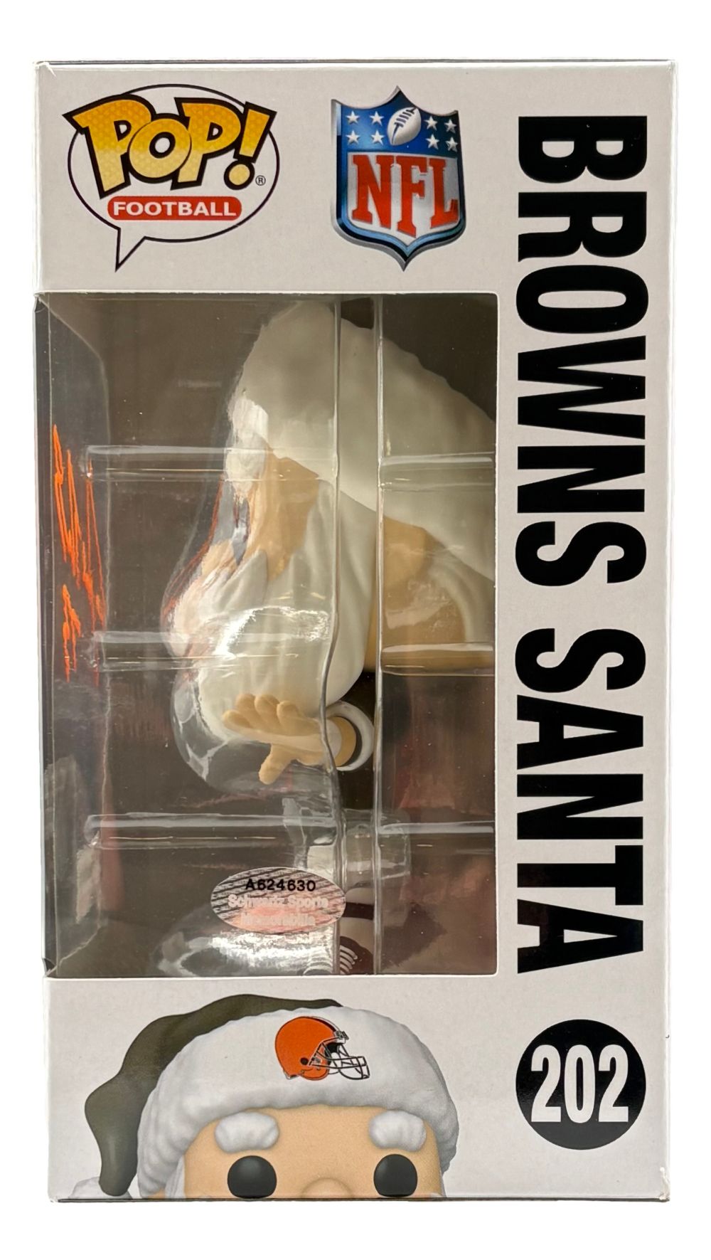 A Joe Thomas Signed Cleveland Browns Santa Funko Pop #202 by Sports Integrity, featuring the NFL and Browns logos on the box. The figure wears a Santa hat with a Browns logo.