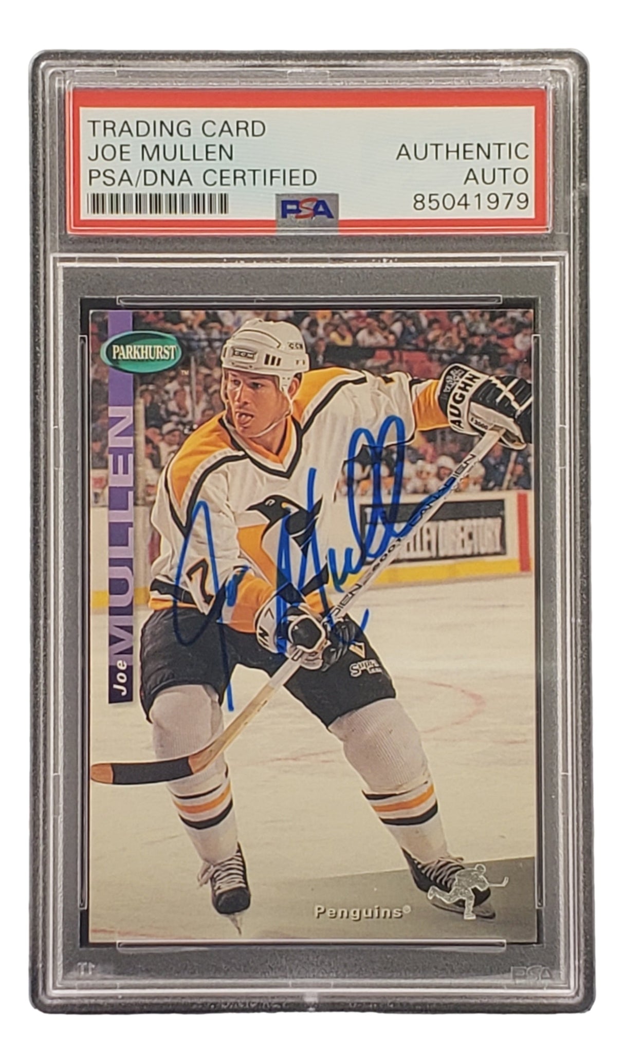 The Sports Integrity Joe Mullen Signed 1994 Parkhurst #180 Pittsburgh Penguins Hockey Card comes PSA/DNA certified, featuring Mullen in uniform on the ice.