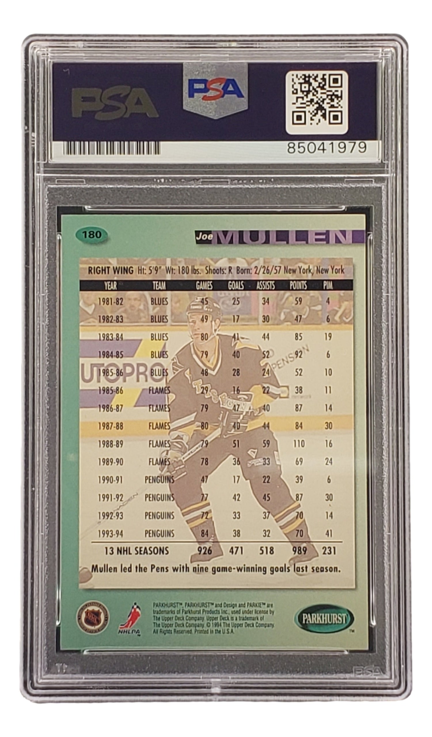 The Joe Mullen Signed 1994 Parkhurst #180 Pittsburgh Penguins hockey card by Sports Integrity is PSA/DNA certified, featuring his stats and details with the PSA label on top and Parkhurst logo at the bottom.