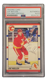 Sports Integrity Joe Mullen Signed 1990 Score #208 Calgary Flames Hockey Card, PSA/DNA certified and encased in a plastic holder.