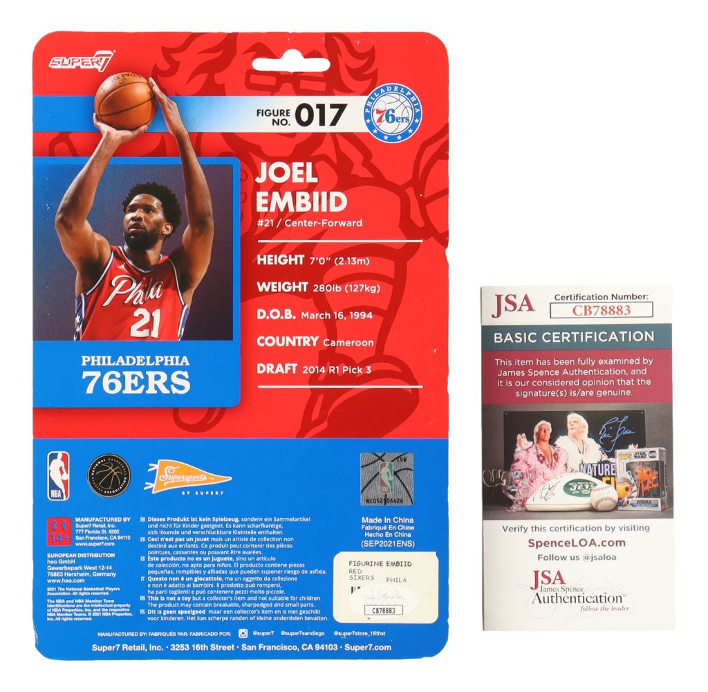 The Sports Integrity Joel Embiid Signed Philadelphia 76ers Supersports 4" Action Figure includes player stats, features Embiid in a 76ers jersey, and comes with a JSA certification card and matching hologram.